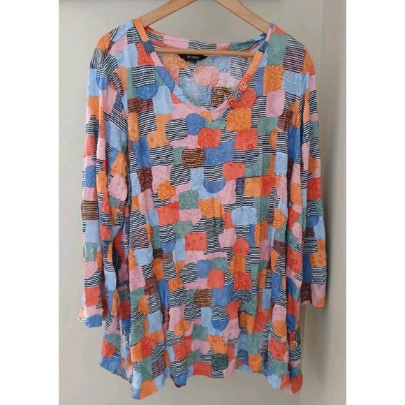 Ali Miles Popover Crinkle Top Est Plus Size 24W Red Patchwork Buttons Artsy - Picture 1 of 8